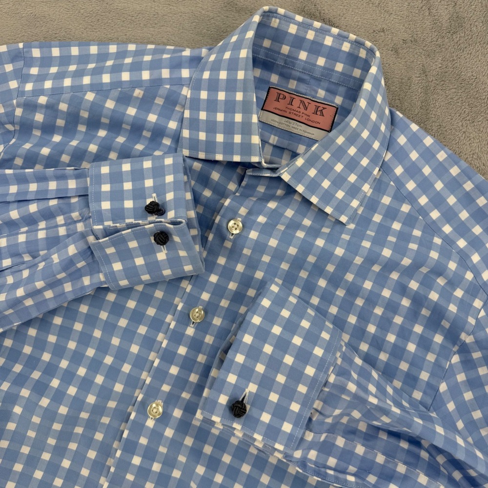 Thomas Pink Gingham Cotton Button Down Shirt Mens Small 14.5 US Blue White